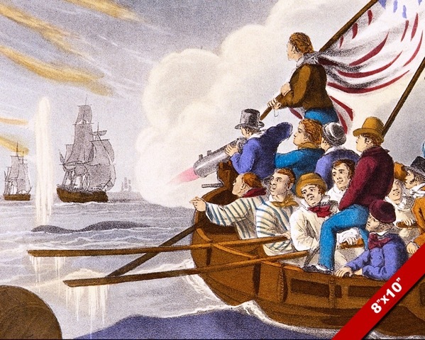 WHALING TEAM IN SMALL BOAT HARPOONING A WHALE  PAINTING ART REAL CANVAS PRINT