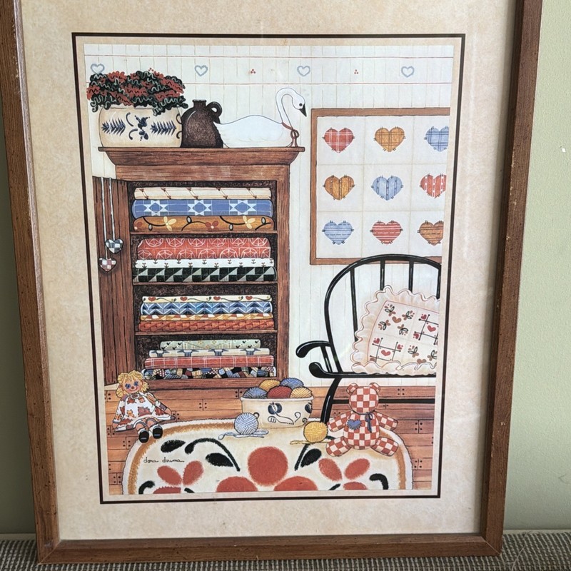 Dona Douma Framed Folk Art Print Quilts Goose Hearts Country Farmhouse 17×21