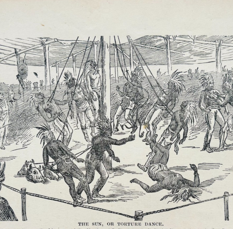 1888 The Sun Or Torture Dance Wood Engraving Sioux Indian Tribe Victorian A1D