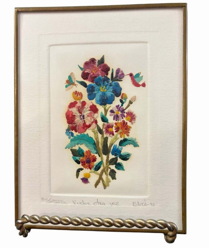 Mini Latin Folk Art “VUELVE OTRA VEZ” Floral Block ’91 80/200 Brass Framed
