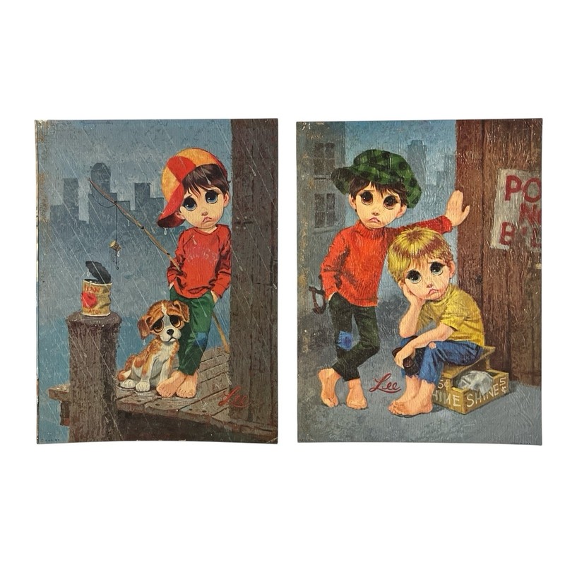 Vtg Big Eyes Boys Lee Art Litho Print Music Mod 60s MCM Unframed Signed Set Of 2