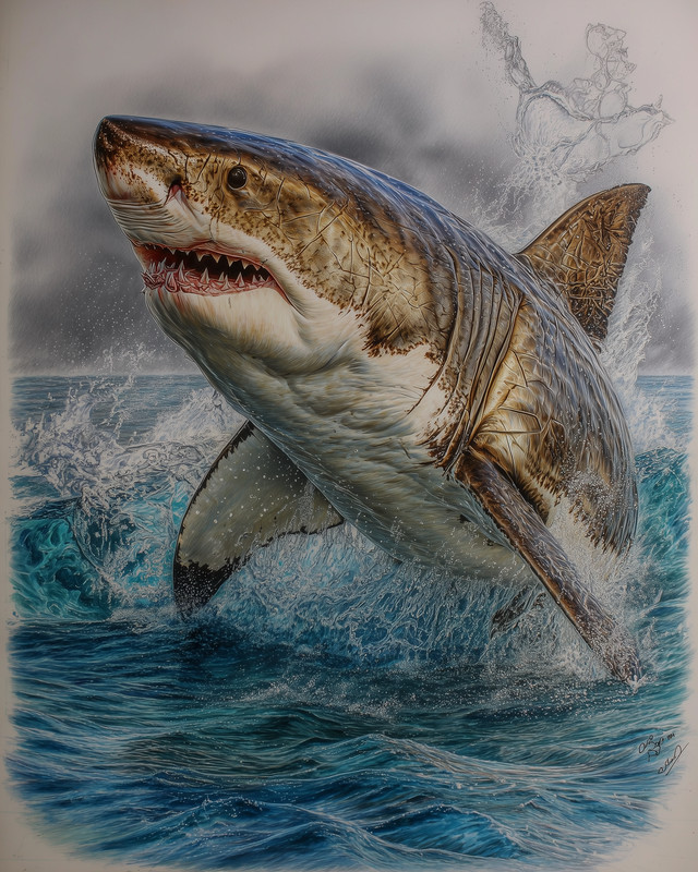 8×10 Great White Shark Breaching Ocean Wildlife Art Print – 140597347