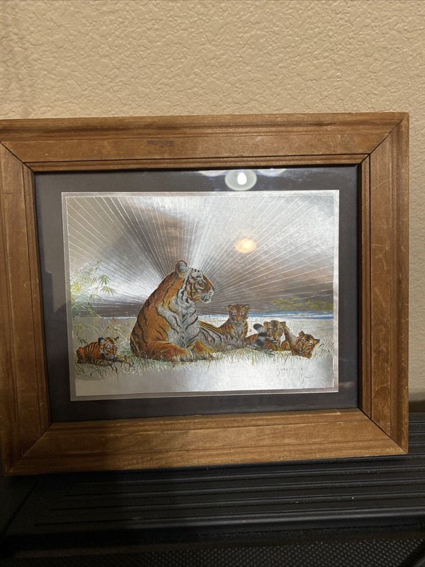 Framed Josephine Marsh Holographic Foil Paper Of Tiger, Cubs 10.5" x 12.25" gallery