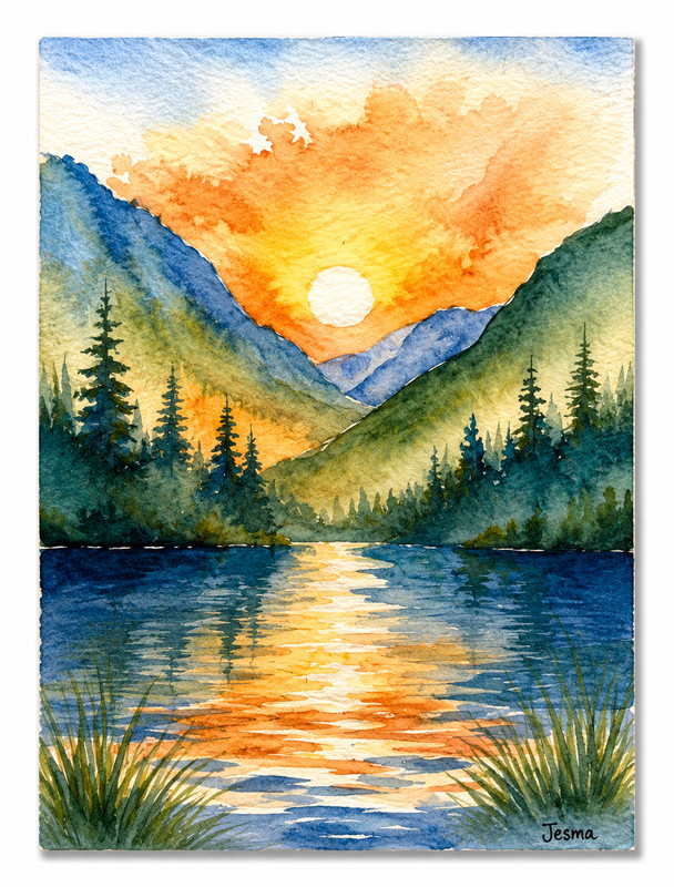 ACEO PRINT from original Serene Mountain Sunrise over lake Jesma