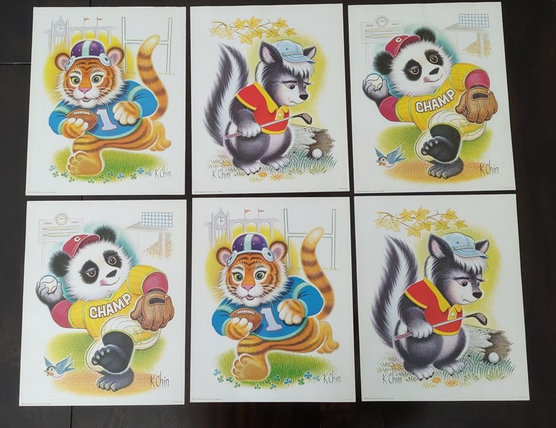 Baby Animals 1975 Donald Art K Chin Litho 6 Prints Sports Panda Lion Skunk 8X10