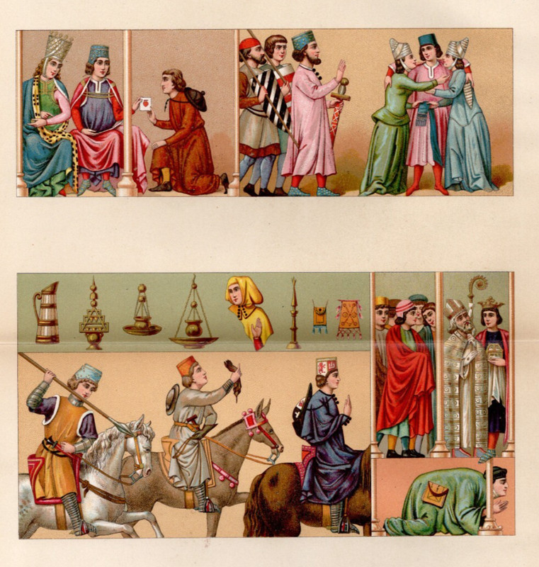 SPAIN COSTUMES – Medieval Court & Riders Religious Dress 1888 Chromolithograph