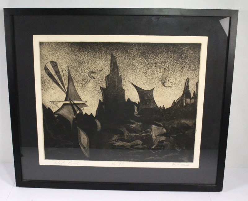 Surrealist Mid-Century Modern Abstract Framed Art Artist Proof Etching T. Beck