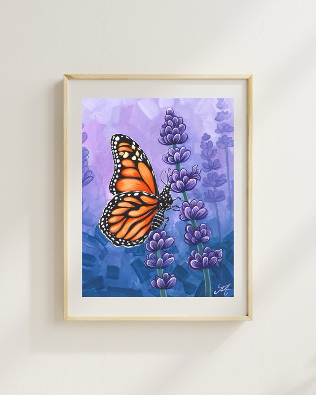 Lavender Monarch Butterfly Original Art Print Botanical Wall Art Cottagecore