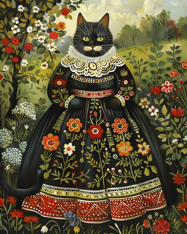 8×10 Black Cat In Floral Dress With Red & White Collar Art Print – 455093621