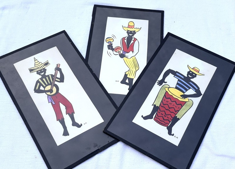 Vintage 50’s MCM Musician Trio Caribbean Folk Art Watercolor Prints Set Of 3 gallery