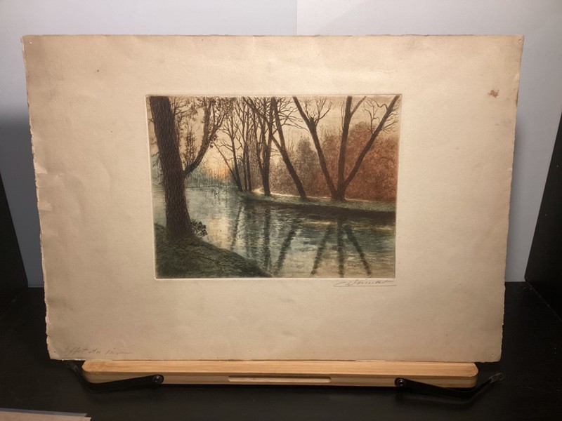 “Effect Du Soir” - Signed Watercolor Etching Of Evening River Scene gallery