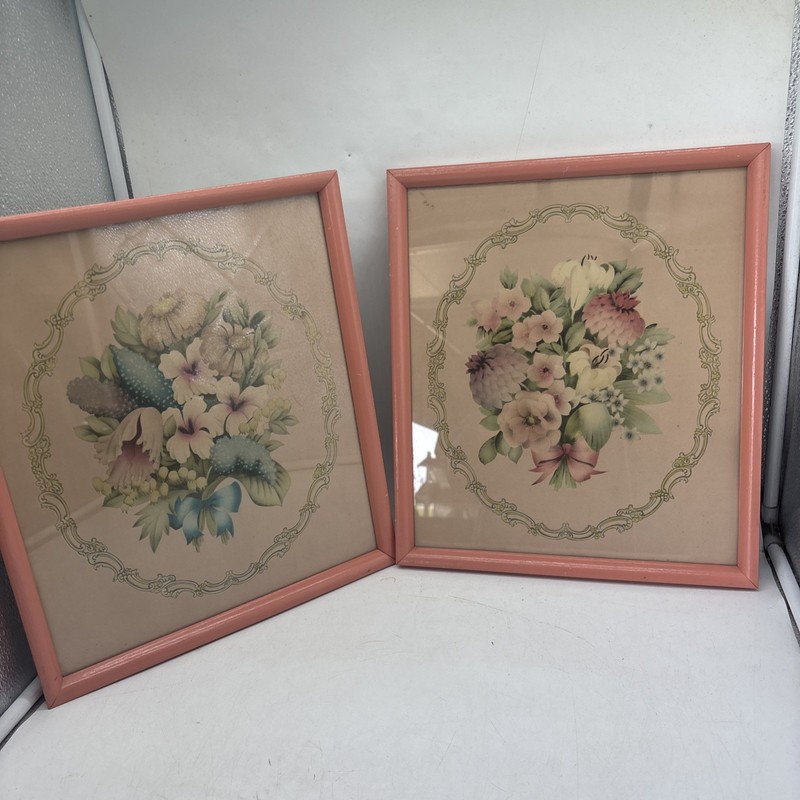 Pair Shabby Chic Floral Prints Square Frames 40/50s Cottage Vintage 15x13” Pinks