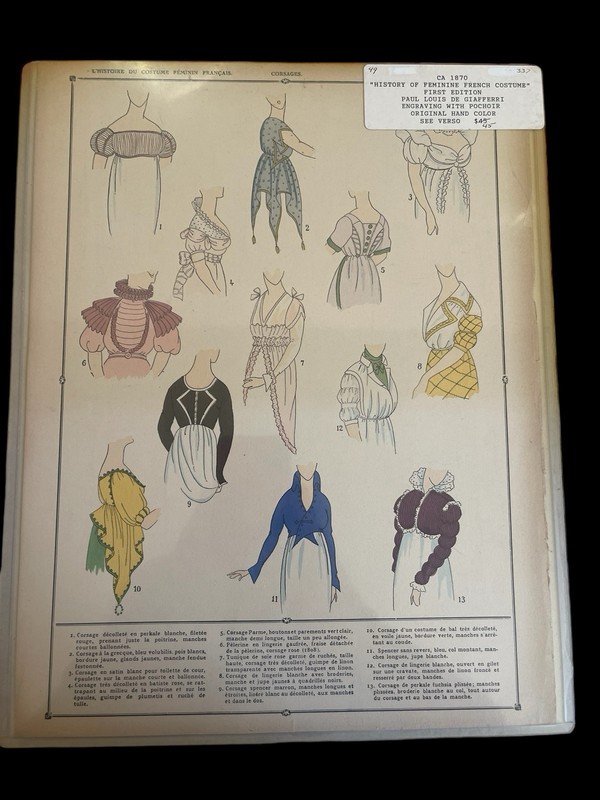 1870 French Fashion lithograph hand colored History of the Feminine Costume