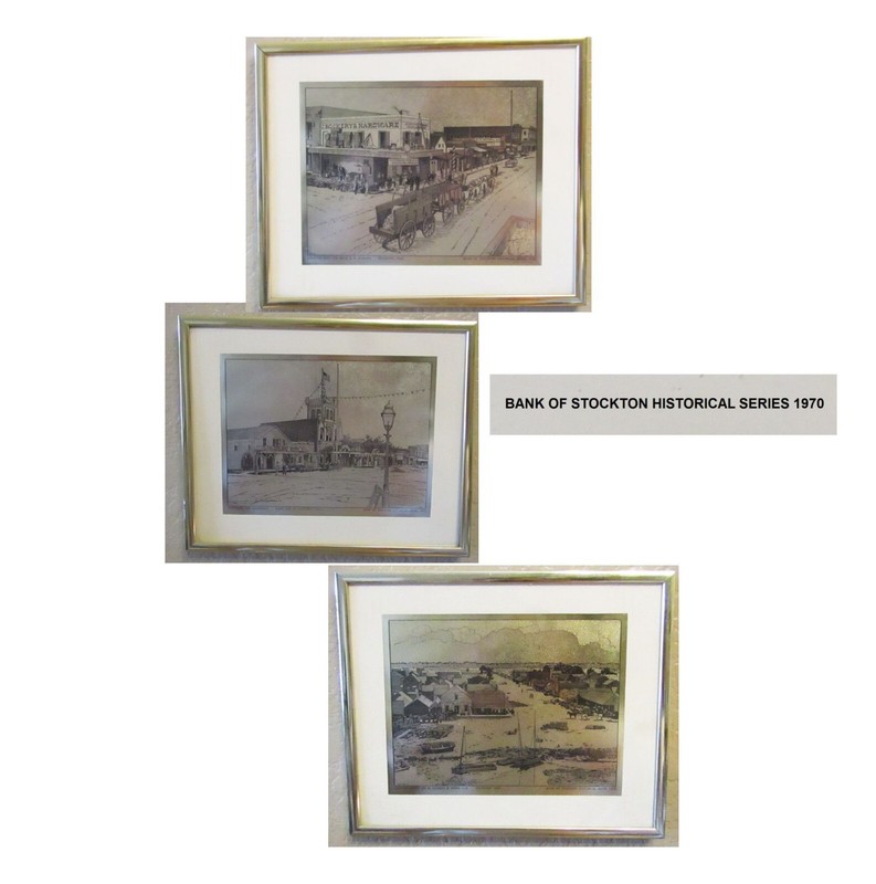 Vintage Set of 3 Bank of Stockton Historical Series 1970 Gold Foil Art Prints gallery