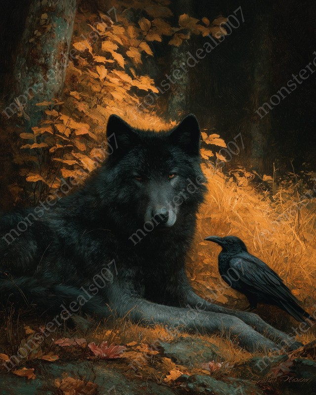 Black Wolf and Raven Art Print – 8×10 Gothic Poster Wall Decor Autumn Forest
