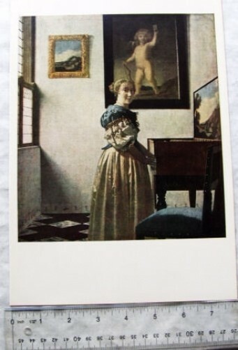 Vintage illustration: famous paintings Jan Vermeer, Lady Standing at a Virginal