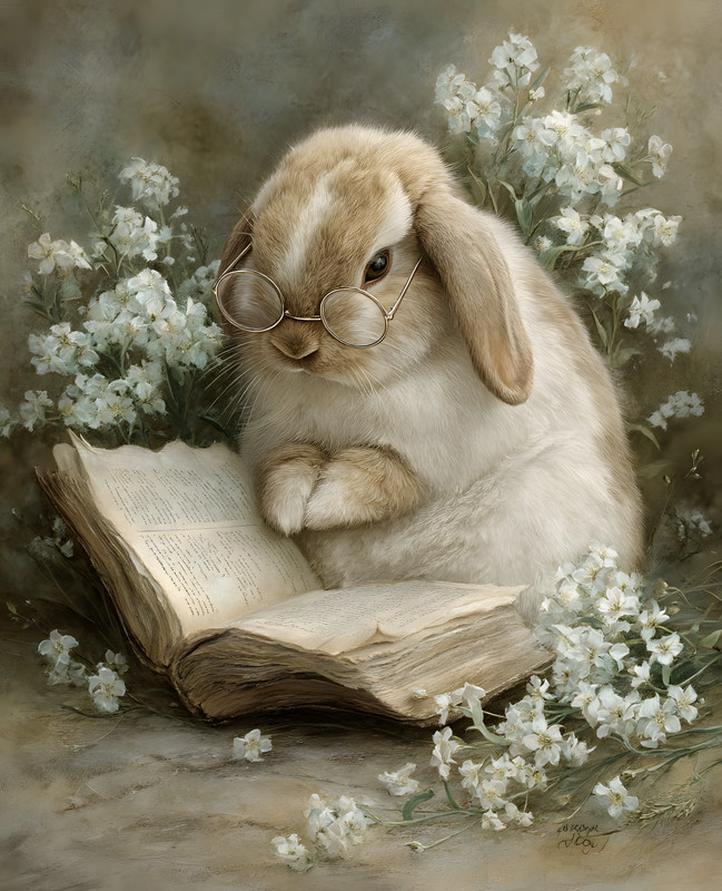 8x10 Rabbit Wearing Glasses Reading a Book Art Print - 410971104