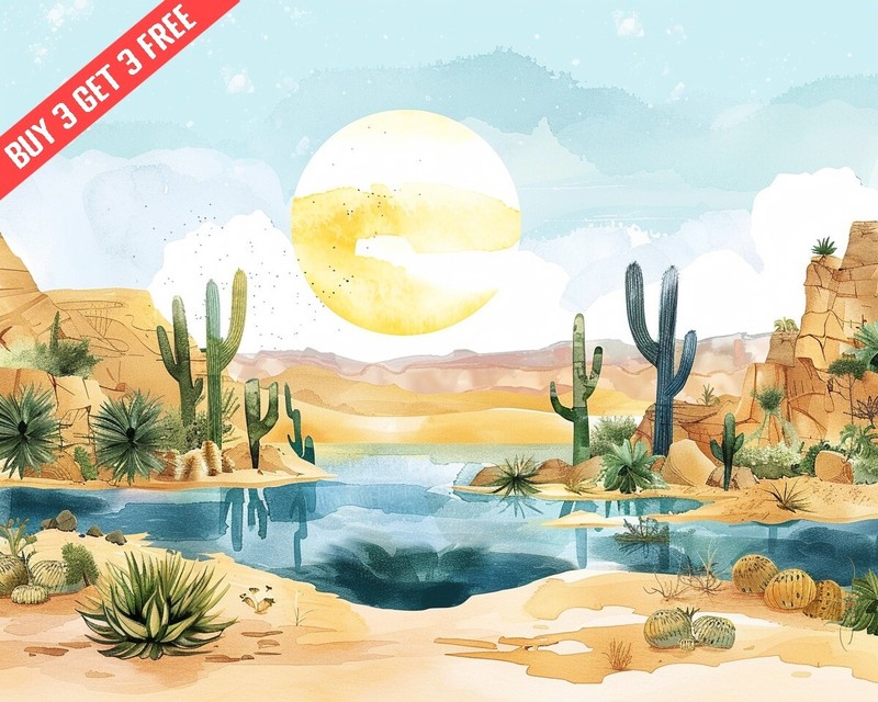 Fantasy Desert landscape with cacti 8×10 Print