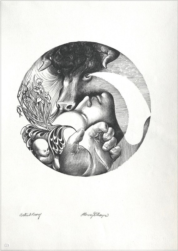 H. Regis TAURUS Signed Hand Drawn Lithograph, Fantasy Portrait, Zodiac, Bull
