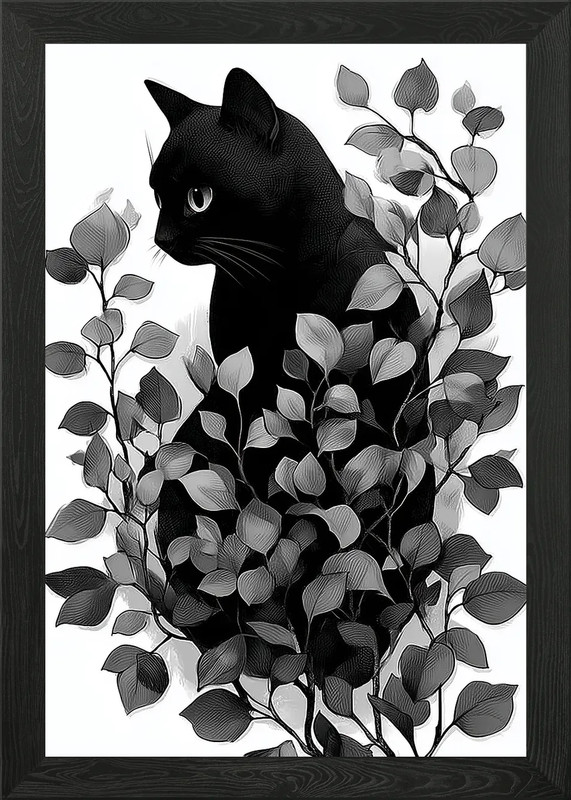 Black Cat Among Leaves Framed Wall Art Poster Canvas Print Picture