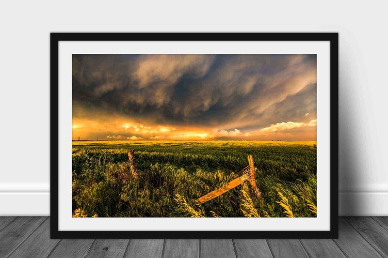 Framed Great Plains Print: Kansas Stormy Sky Fence Posts Wheat Field Wall Art