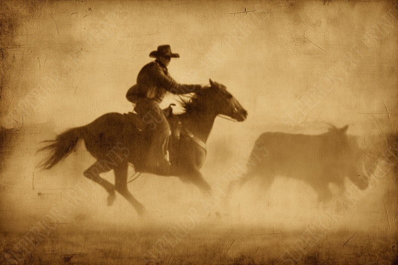 Vintage Western Horseback Cowboy Cattle Wrangler Print | Rustic Ranch Wall Art