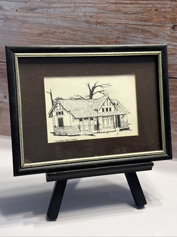 Jenkins Hand Drawn Ink Print Train Depot Hazen, Arkansas Signed 1987 Wall Art
