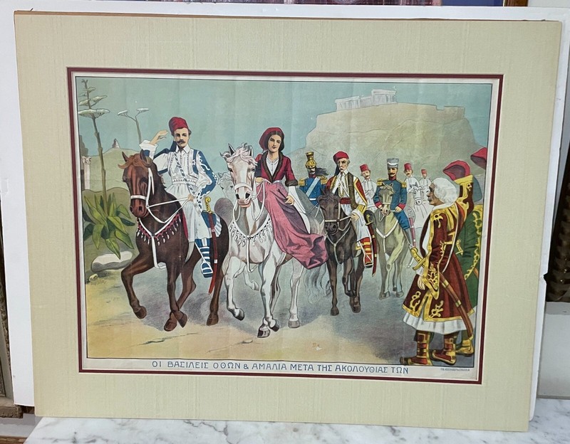 ANTIQUE GREEK PRINT -PROMENADE OF KING OTTO AND QUEEN AMALIA OF GREECE IN ATHENS gallery