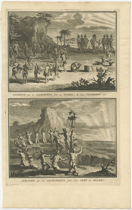 Antique Print of the Floridians Sacrificing to the Sun