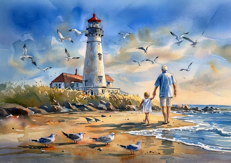 Peaceful Lighthouse Walk 5"x7" Print on Matte Paper | Coastal Family Art gallery