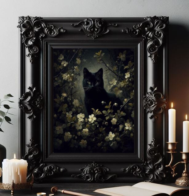 Black Cat Flower Vintage Dark Acadamia Moody painting art print