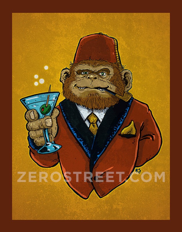 Winston The Chimp Drunk Ape Fez Tiki Bar Art Print Man Cave Artwork Monkey