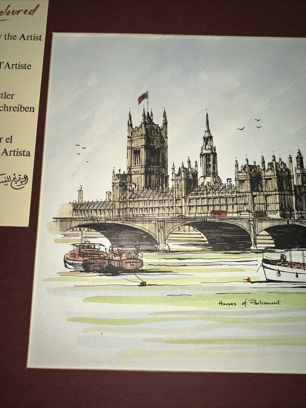 TWO 1970S SIGNED HAND COLORED GUY MAGNUS PRINTS WESTMINSTER ABBEY & HOUSE PARLI gallery