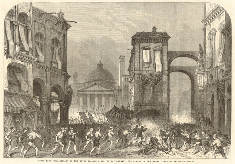 Scene from «Masaniello»: combat in the Naples market-place 1863 ILN full page