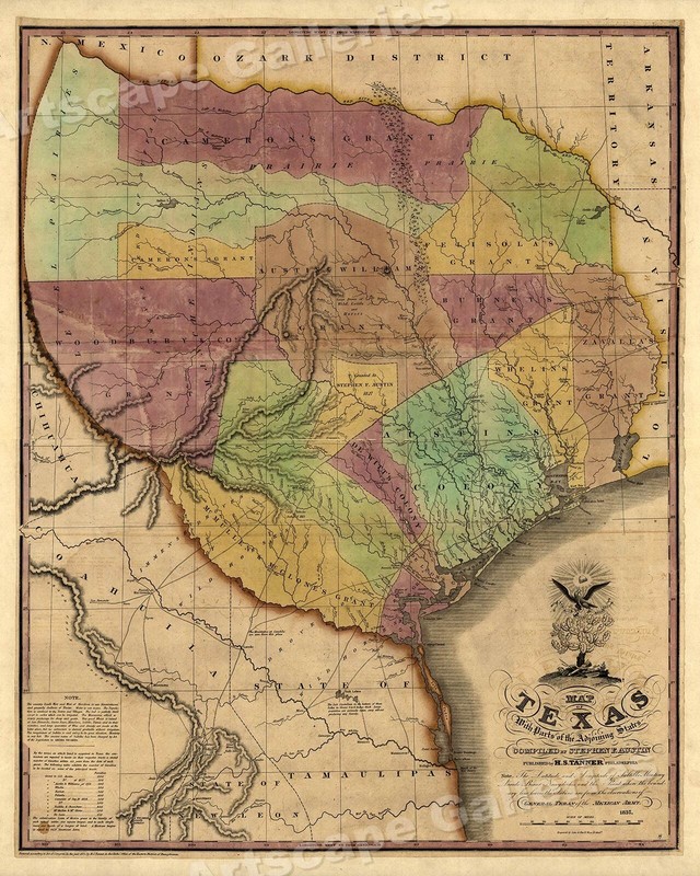 Historic 1837 Map of Republic of Texas Land Grants by Stephen F Austin – 20×24