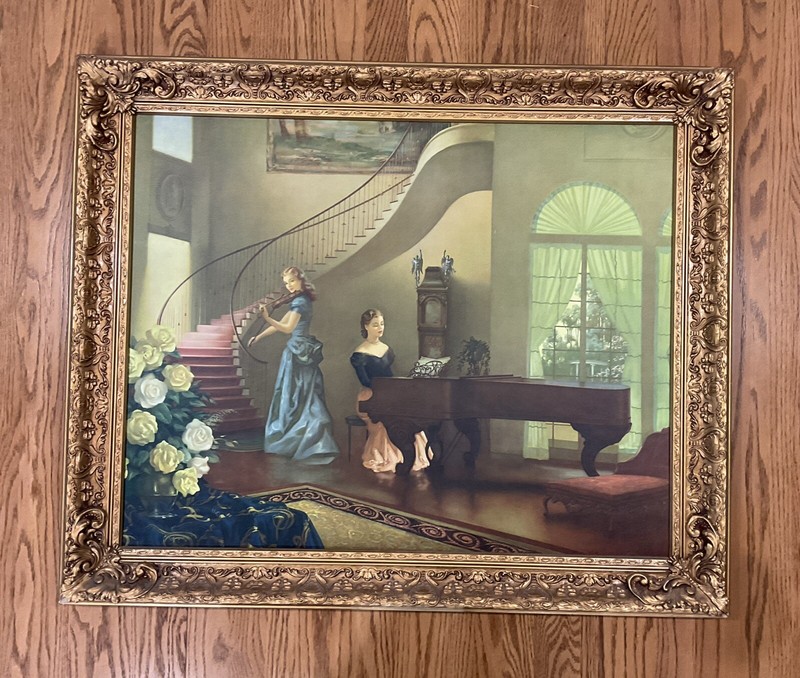 Ralph Brownell McGrew Morning Melody offset lithograph Gold Guilt Framed 29 X 35
