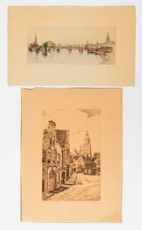 Two Antique Signed European Etchings; View of Frankfurt + Dutch Scene