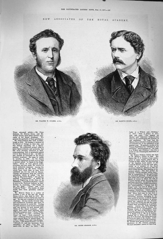 Original Old Antique Print 1877 Walter Ouless Marcus Stone Peter Graham Academy