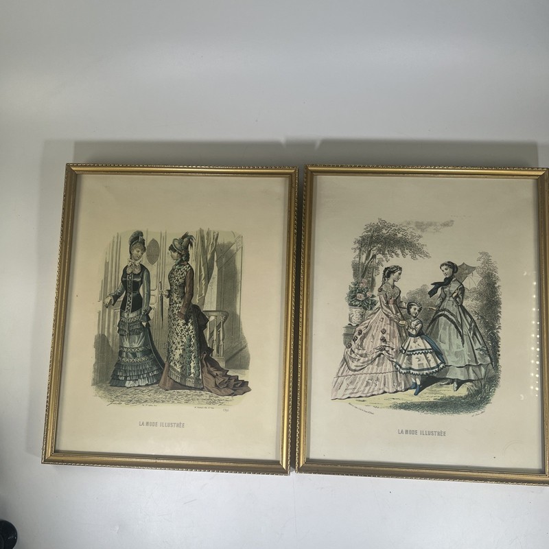 2 Antique French Framed  LA MODE ILLUSTREE 1800’s Leroy Imp Paris Metal Frame