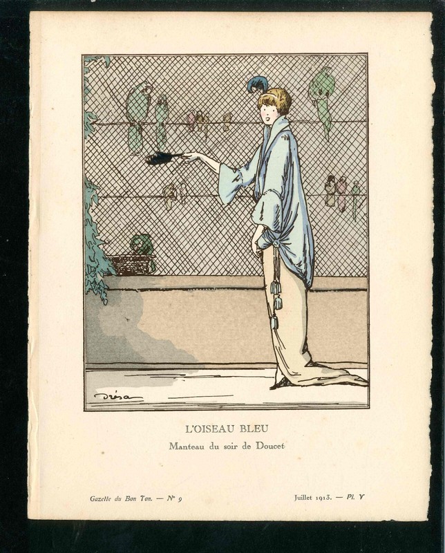 1912 Gazette du Bon Ton Original Pochoir Fashion Print L’Oiseau Blue J. Dresa