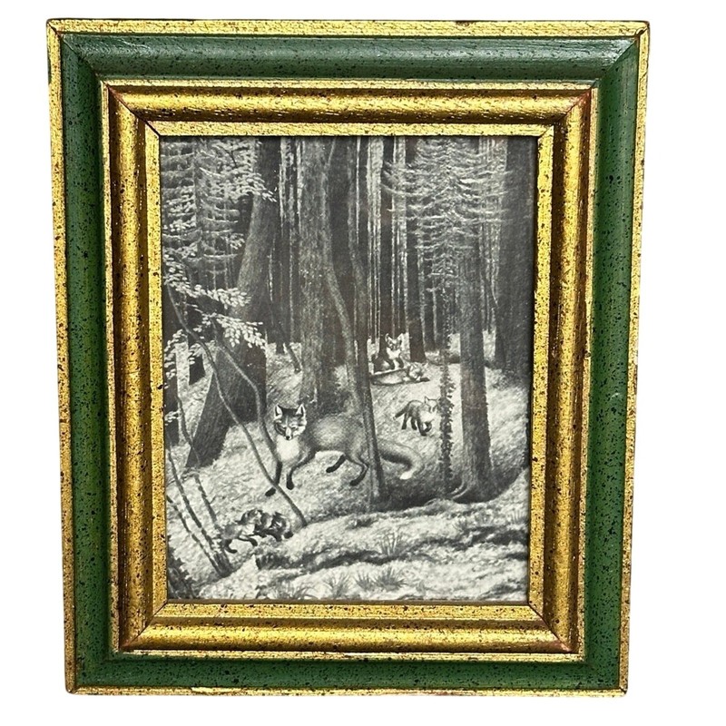 Vintage 1938 fox print wood gilt frame 5.5×7 woodland cabin cottage forest decor