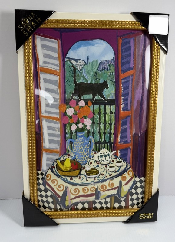 Sapna Shah Framed Art Print 12×18 Black Cat On Fence Tea Party Cat Lover