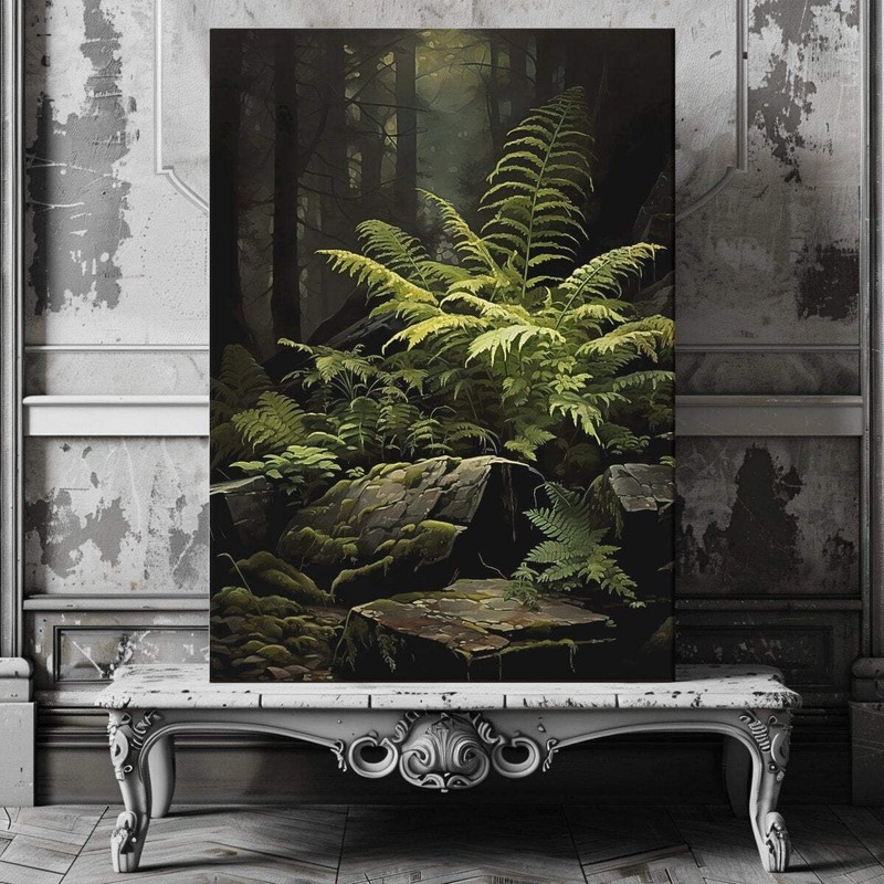 Fern Illuminated by Sunlight in Dark Moody Woodland - Gothic Wall Art Canvas Pri