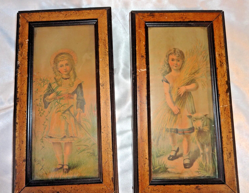 Young Girls in Garden Vintage Prints Wheat Weeds Rake Lamb 10 3/4 x 5 3/4″