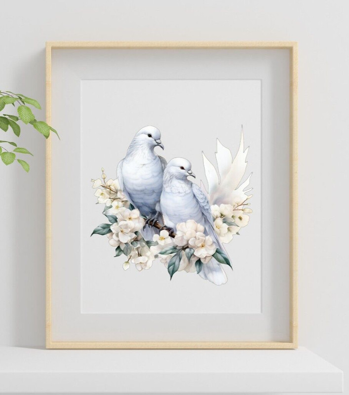 Dove Print 2 White Doves Art Print, Birds and Flowers Wall Art Print, Home Decor