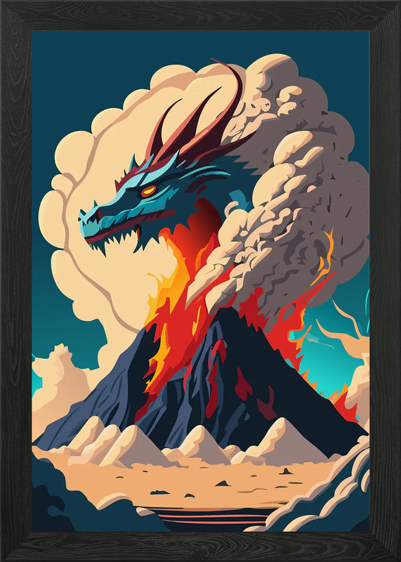 Volcano with Dragons Head Framed Wall Art Poster Canvas Print Picture