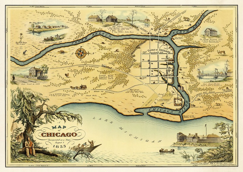 Pictorial Map of Chicago 1833 Vintage History Wall Art Poster Print Decor