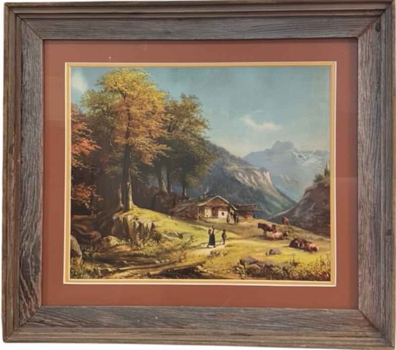 Framed Vintage Rustic Simple Countryside “Home In The Alps” 1850 F. Gauermann