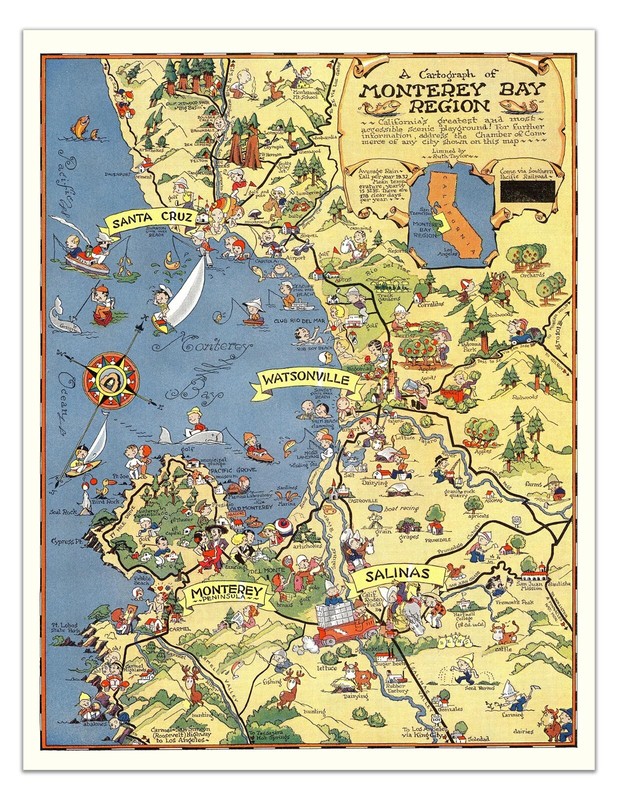 Monterey Bay Region (California) Map Pictorial - Poster Illustration Art Reprint