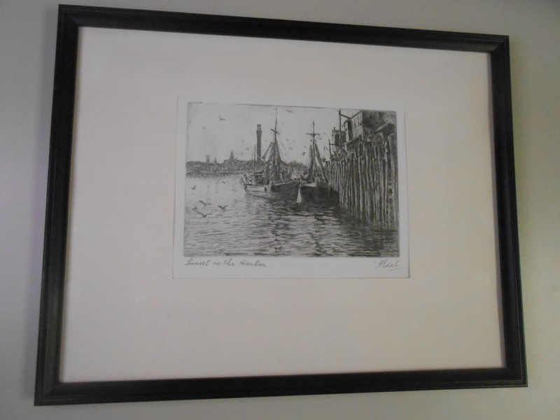 Albert Edel (1890 – 1961) Framed Signed Etching “Sunset in the Harbor”